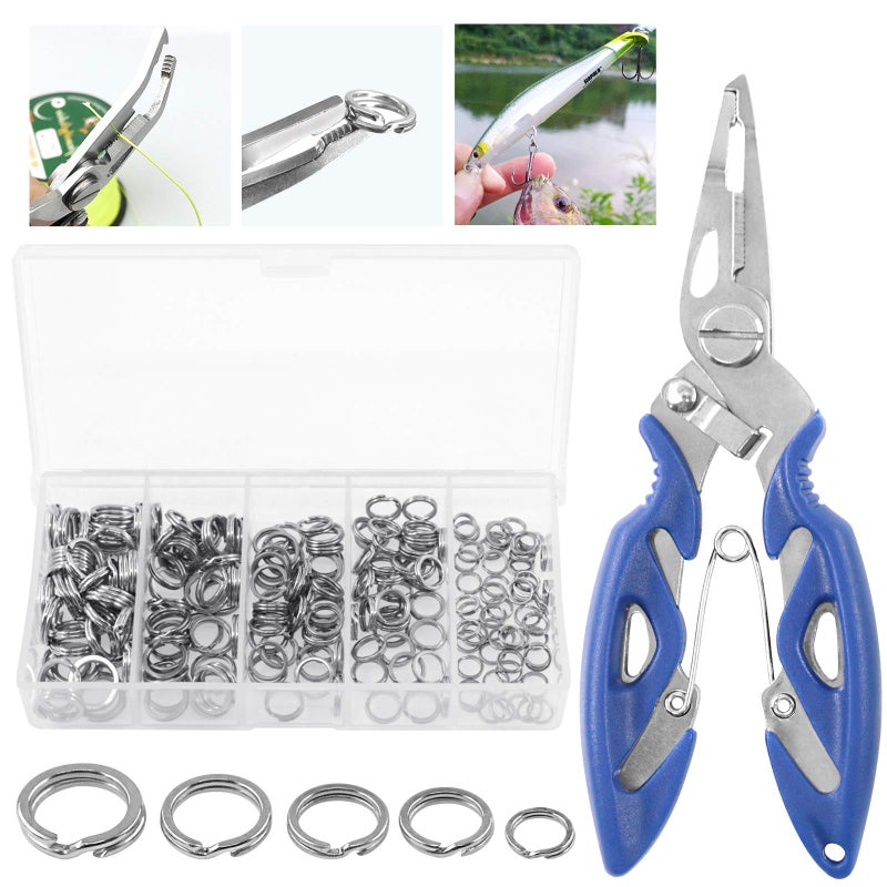 Rustark 201 Pcs Stainless Steel Fishing Split Rings 5 Sizes Double High Strength Lure Tackle Connector kit with Fishing Pliers Fish Hook Remover Fishing Tackle for Freshwater and Saltwater - Image 1